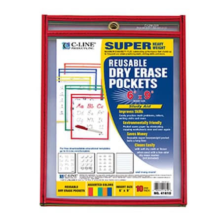 C-Line Products C-Line Products Inc CLI41610 C Line Reusable 10Pk 6X9 Dry Erase Pockets Assorted Primary 41610